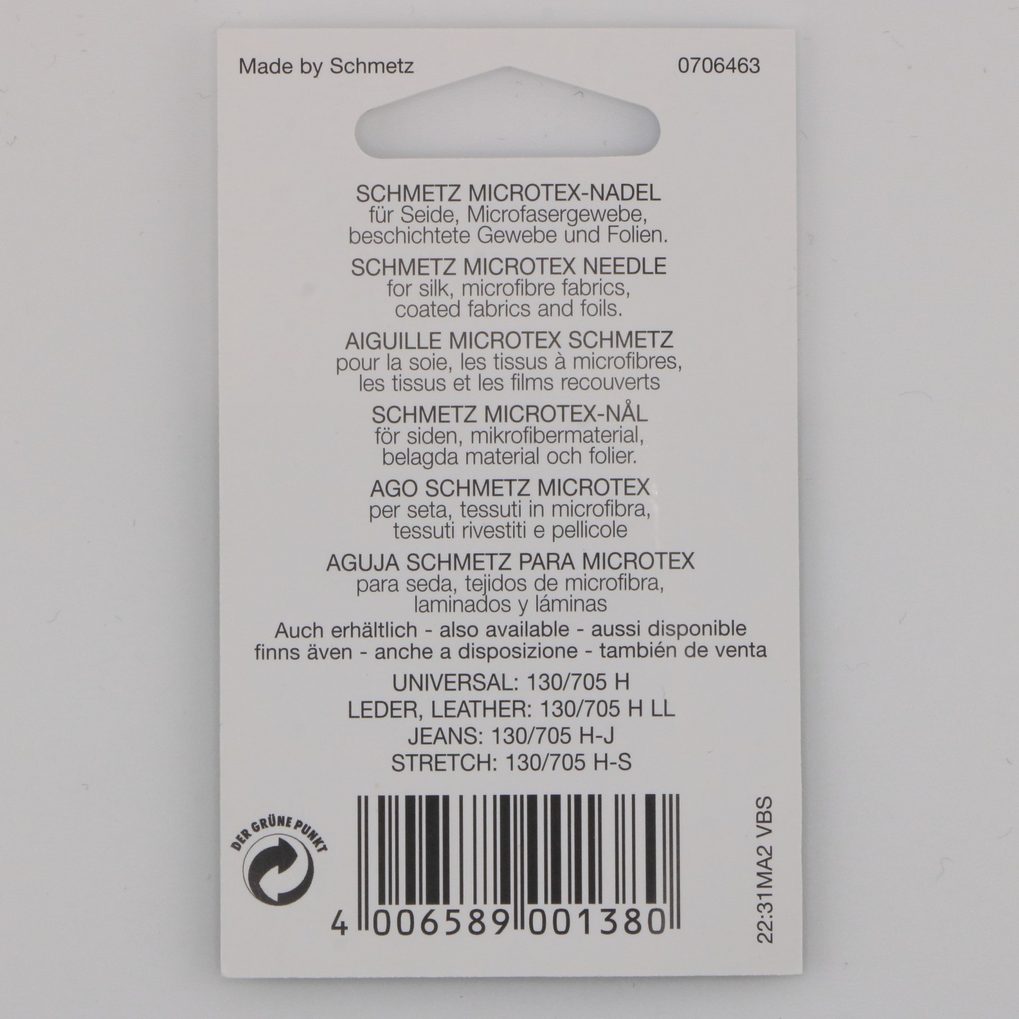 Aiguille Microtex NM 70  130/705 H M pour coutures pr&eacute;cises sur tissus fins et d&eacute;licats