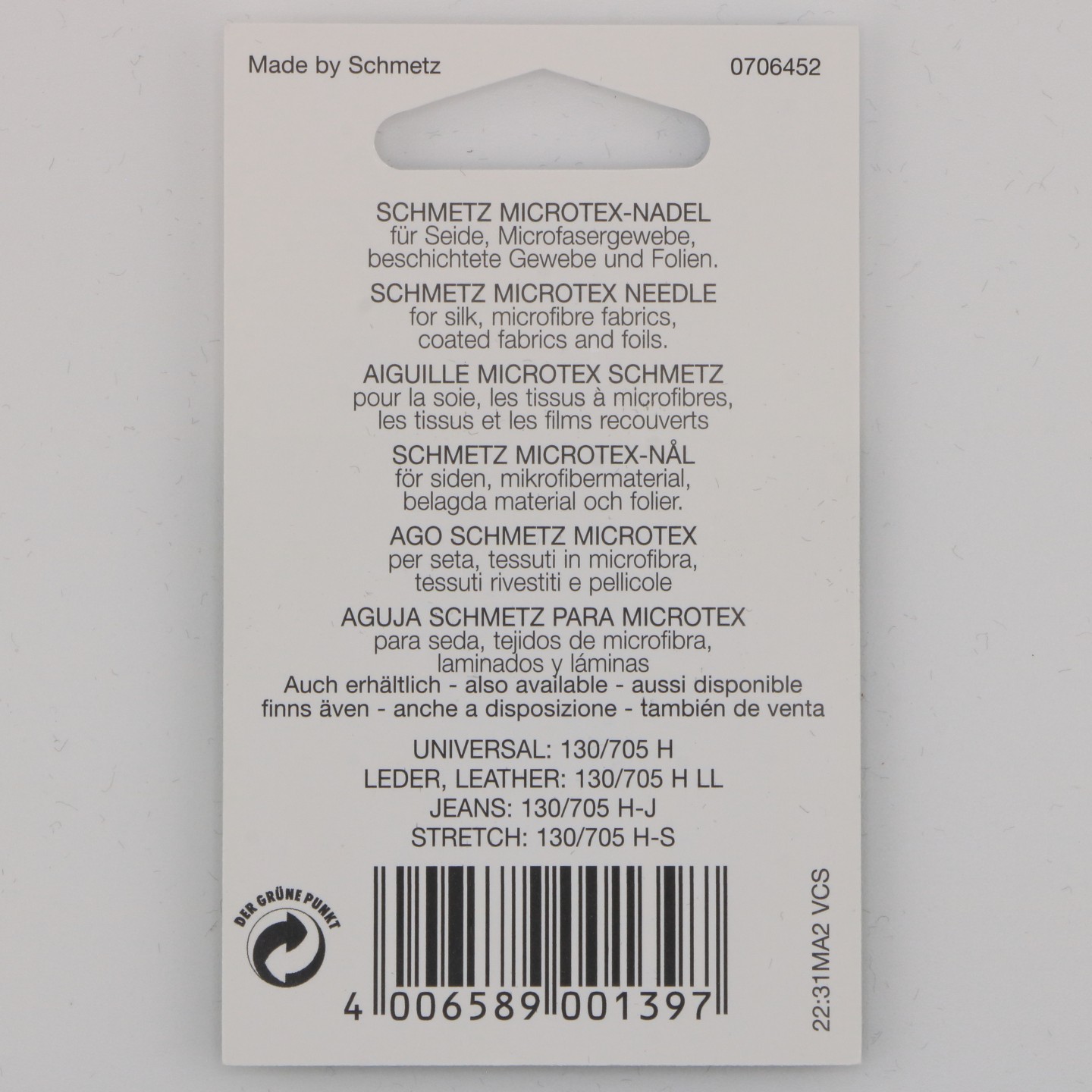 Aiguille Microtex NM 80  130/705 H M pour tissus fins &agrave; moyens et mati&egrave;res d&eacute;licates